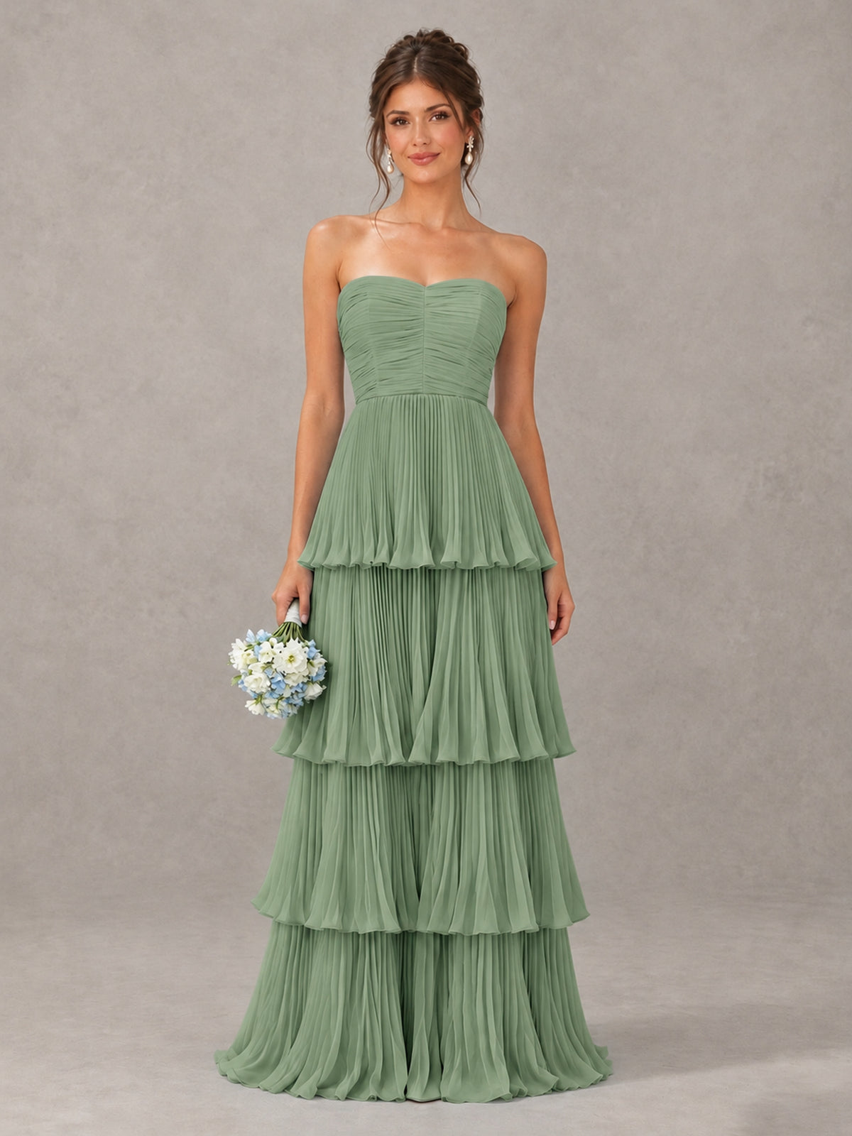 BOLODOO Sage Green Strapless Tiered Pleated Bridesmaid Dress - Sage Green - Sage Green_1