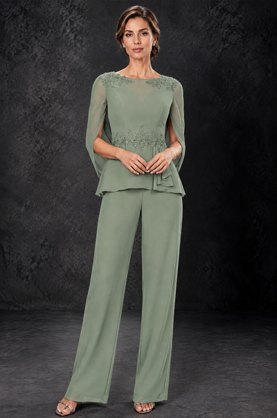BOLODOO Sage Green Embellished Cape Sleeve Mother of the Bride Pantsuit - Sage Green - Sage_Green_1