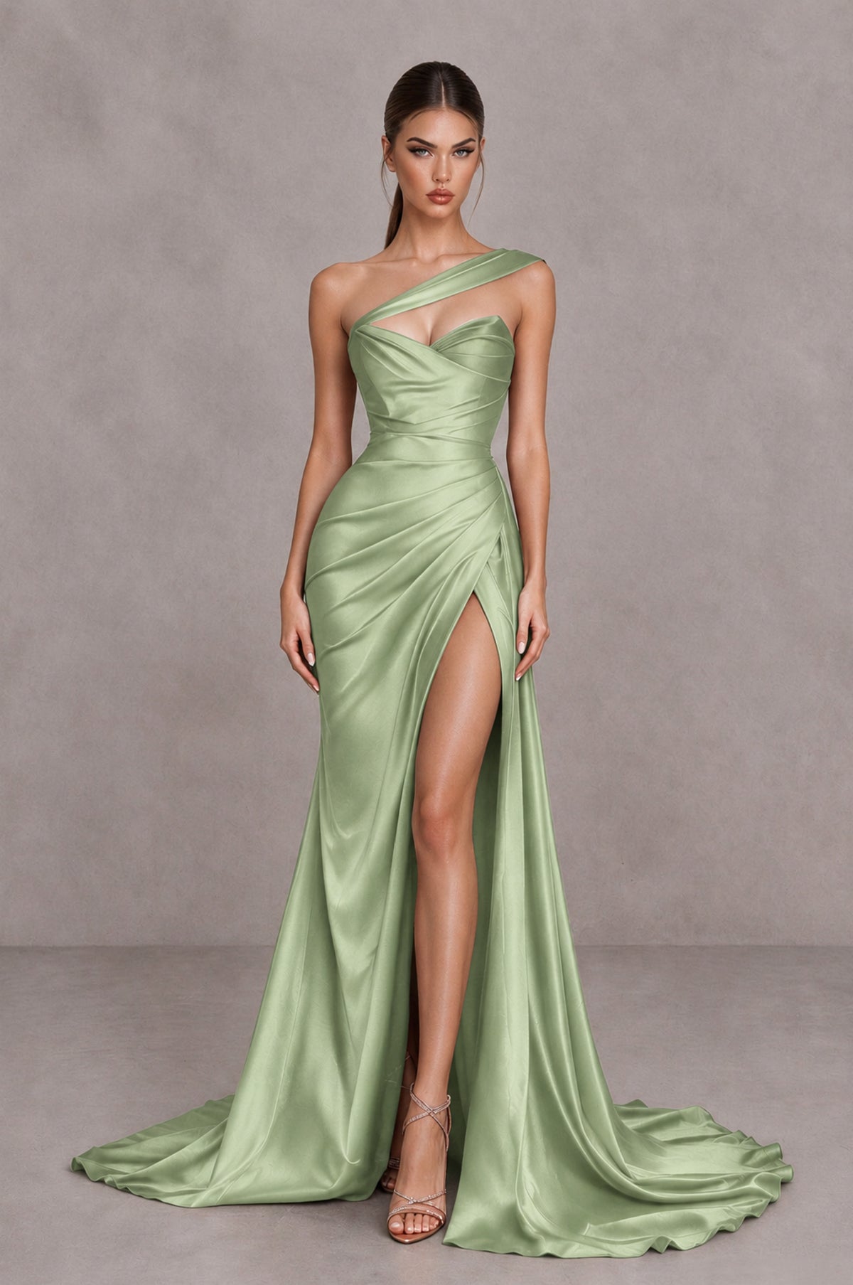 BOLODOO Sage Green One Shoulder Satin Mermaid Evening Dress with Ruched Slit Skirt - Sage Green - Sage Green_1