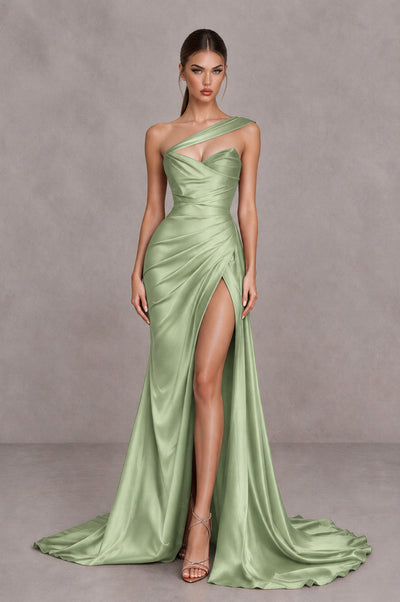 BOLODOO Sage Green One Shoulder Satin Mermaid Evening Dress with Ruched Slit Skirt - Sage Green - Sage Green_1