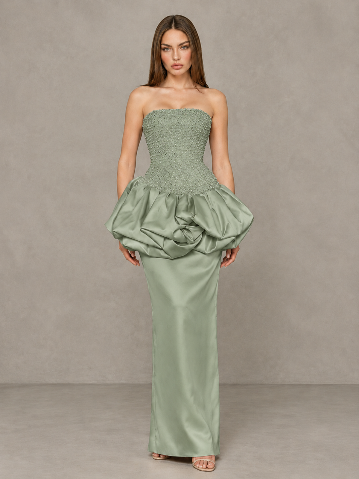 BOLODOO Sage Green Strapless Embellished Bubble Peplum Evening Dress - Sage Green - Sage Green_1