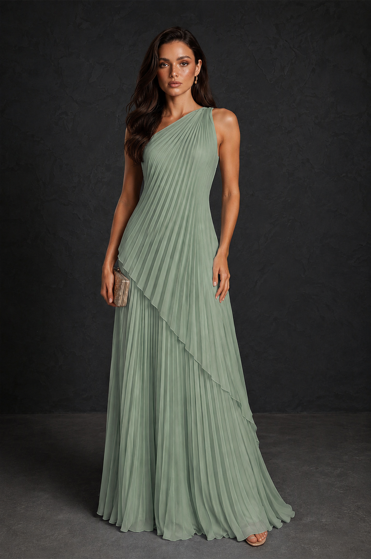 BOLODOO Sage Green One-Shoulder Sunburst Pleated Asymmetric Layered Overlay Accordion Pleated Chiffon Maxi Dress - Sage Green