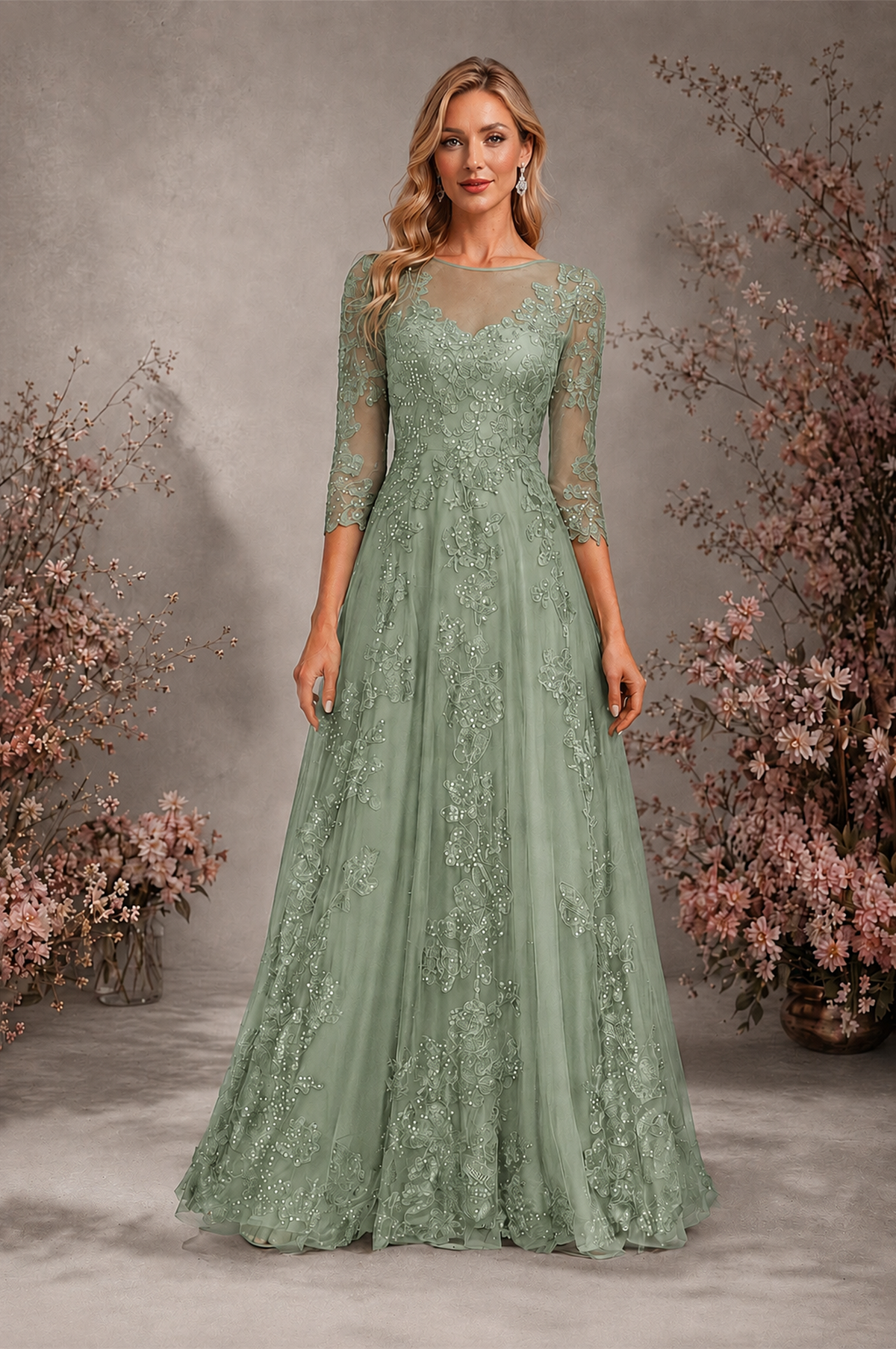 BOLODOO Sage Green Sequin Lace 3/4 Sleeve Open Back Formal Evening Gown - Sage Green