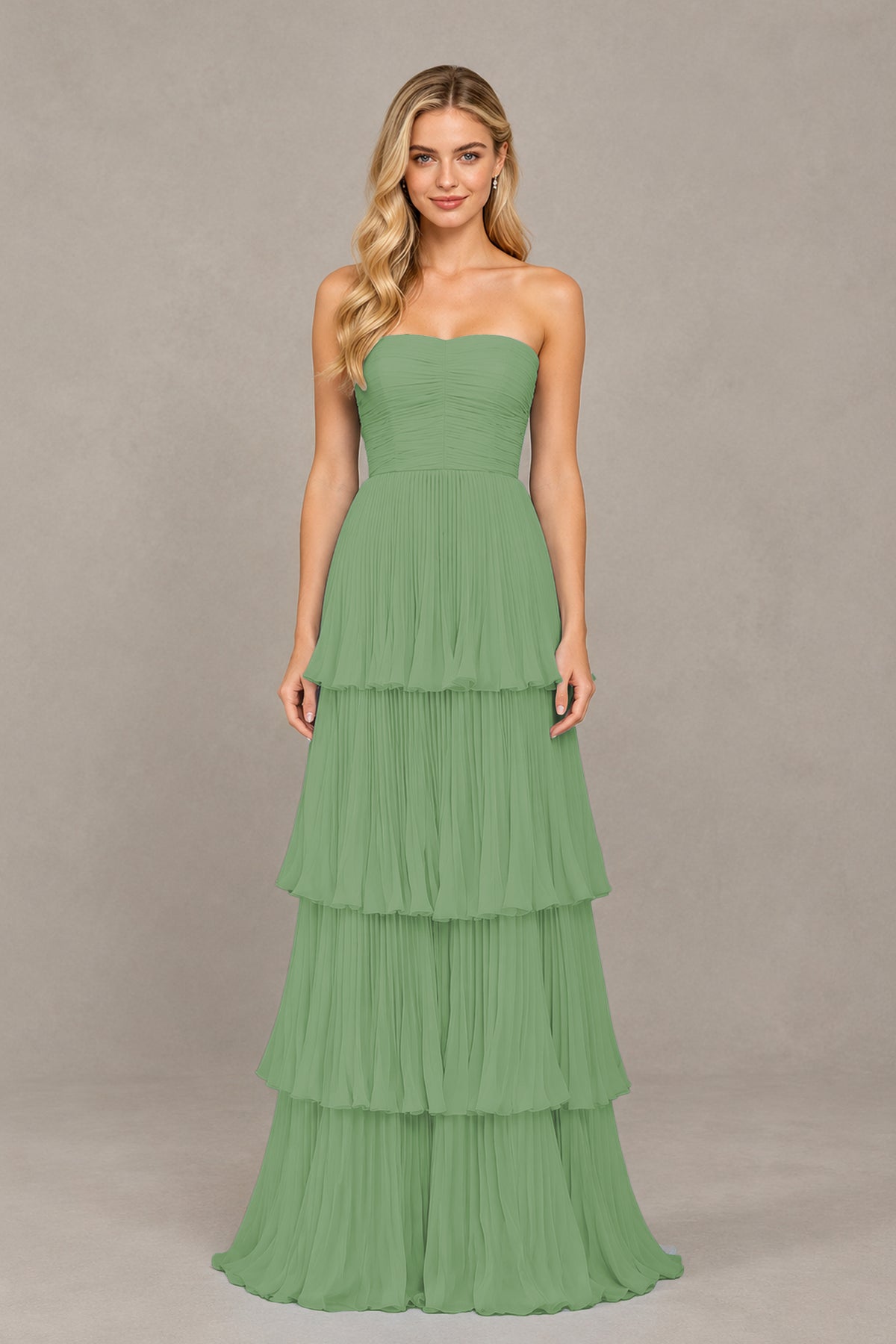 BOLODOO Sage Green Strapless Tiered Chiffon Maxi Dress - Sage Green