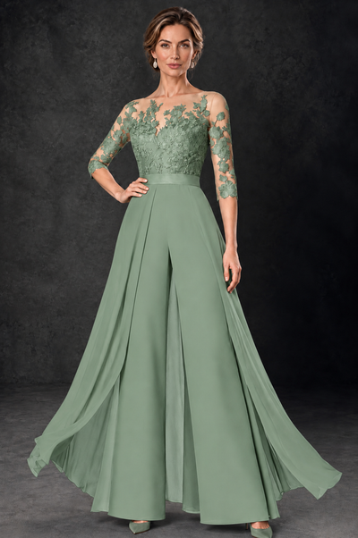 BOLODOO Sage Green Lace Wide-Leg Jumpsuit with Three-Quarter Sleeves - Sage Green - Sage_Green_1