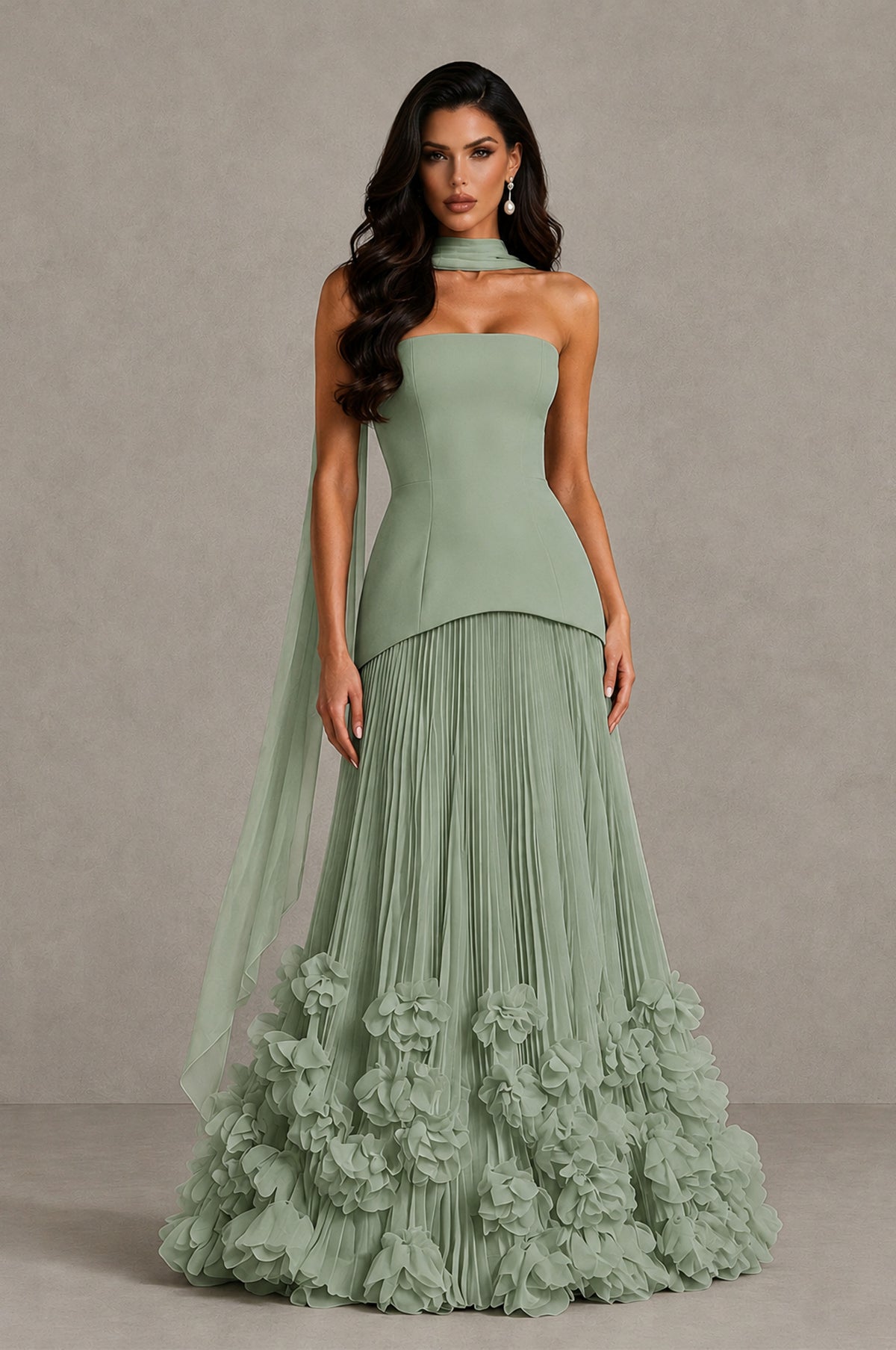 BOLODOO Sage Green Strapless Pleated Floral Hem Evening Gown - Sage Green - Sage Green_1