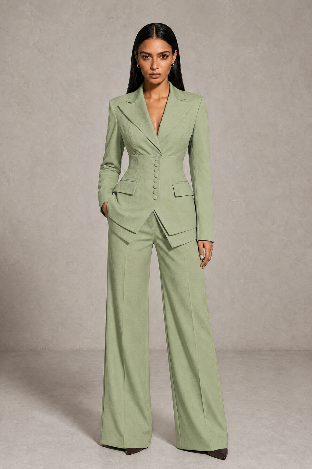 BOLODOO Sage Green Cinched Waist Blazer and Wide Leg Pants Two Piece Suit Set - Sage Green