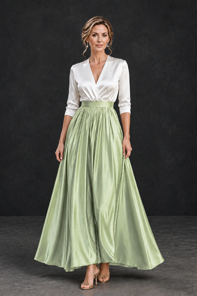 BOLODOO Sage Green and White V-Neck A-Line Mother of the Bride Dress - Sage Green - Sage Green_1