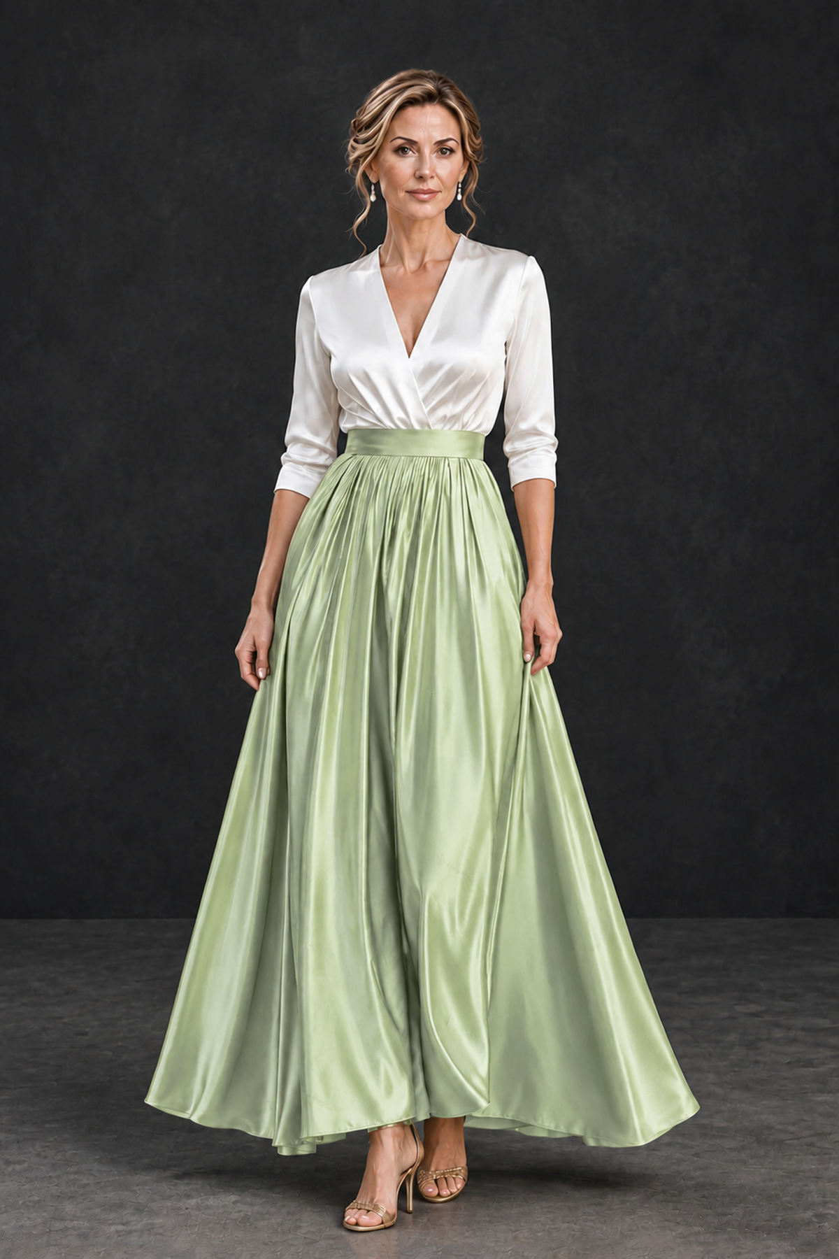 BOLODOO Sage Green and White V-Neck A-Line Mother of the Bride Dress - Sage Green - Sage Green_1