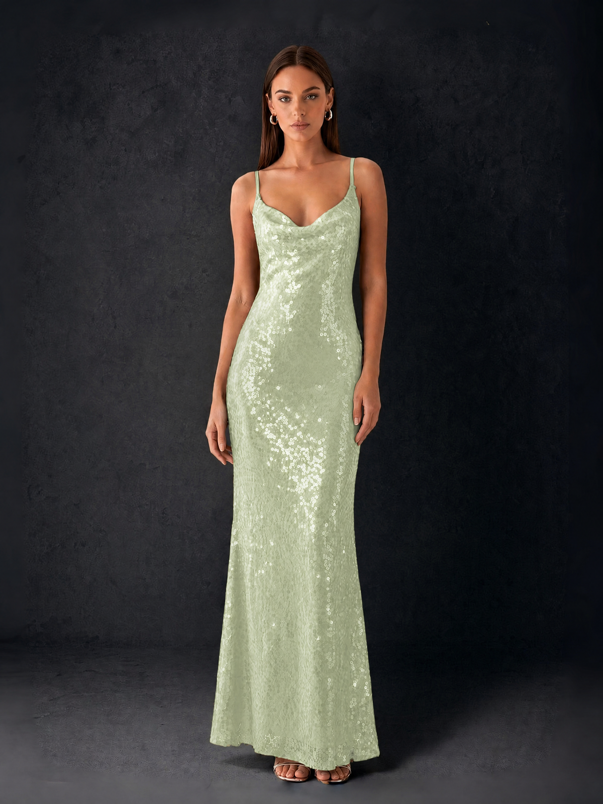 BOLODOO Bronze Sequin Cowl Neck Spaghetti Strap Mermaid Maxi Dress with Open Criss-Cross Back - Sage Green - Sage Green
