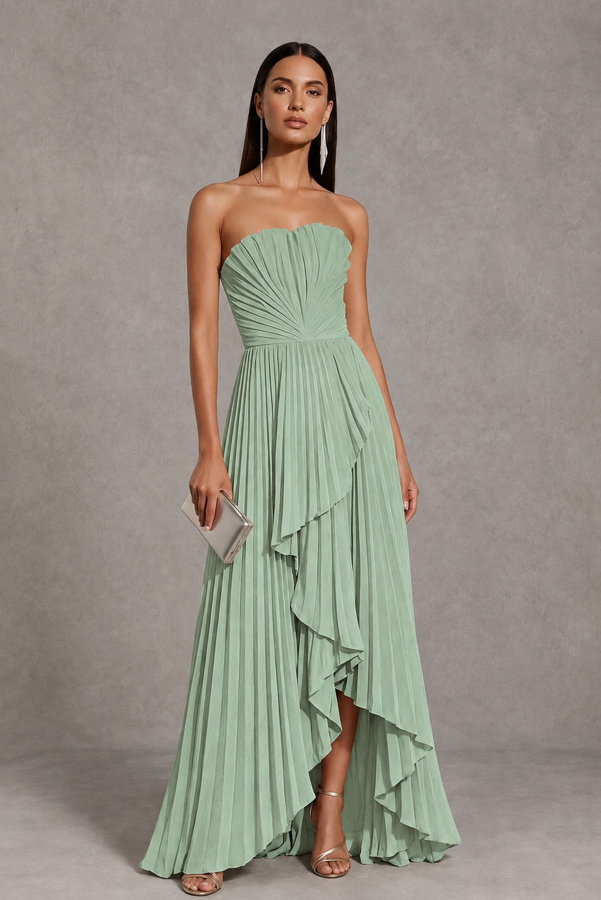 Sage Green Strapless Pleated High-Low Evening Gown with Ruffle Hem - Sage Green