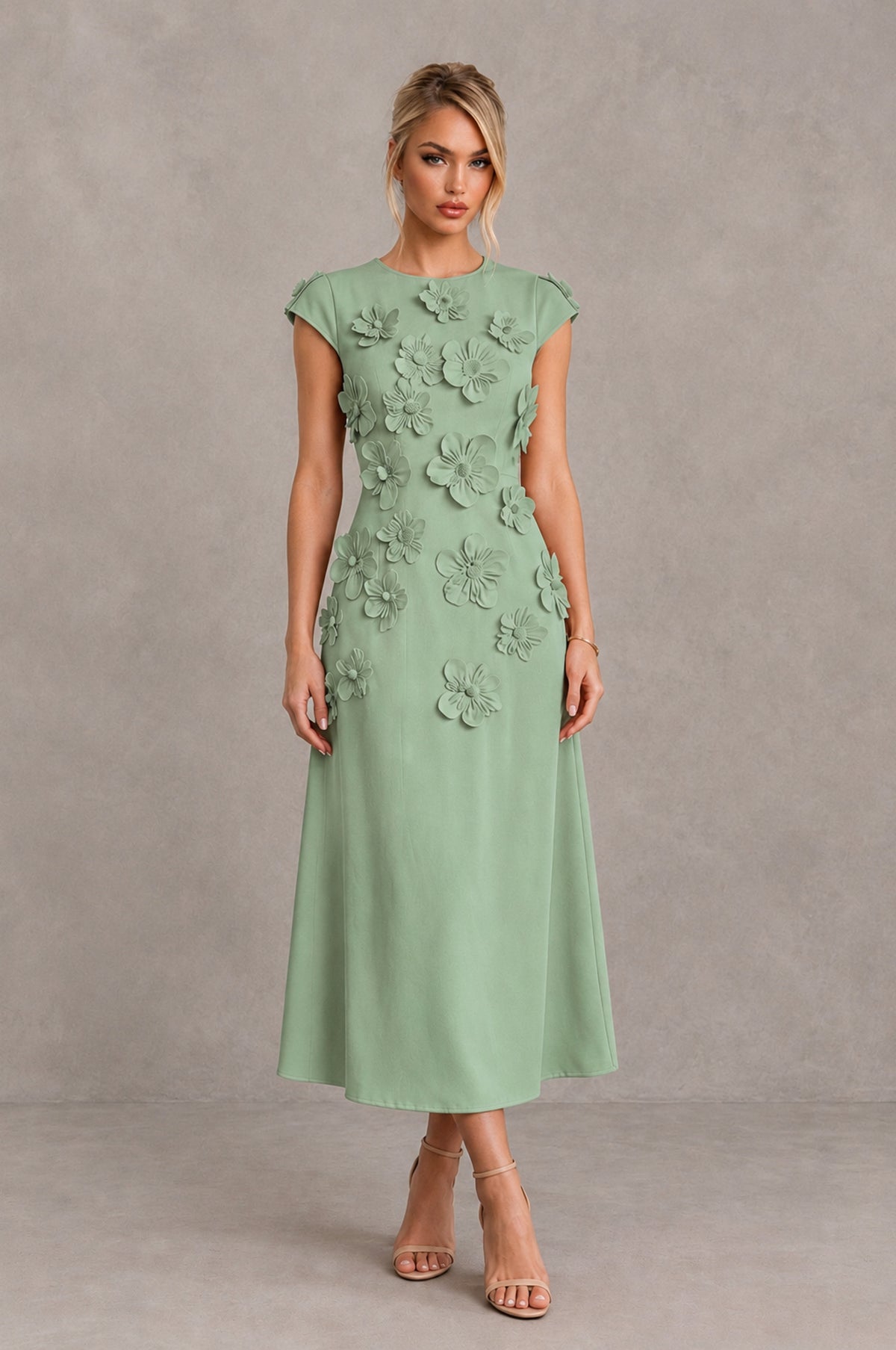 BOLODOO Sage Green 3D Floral Cap Sleeve Midi Cocktail Dress - Sage Green - Sage Green_1