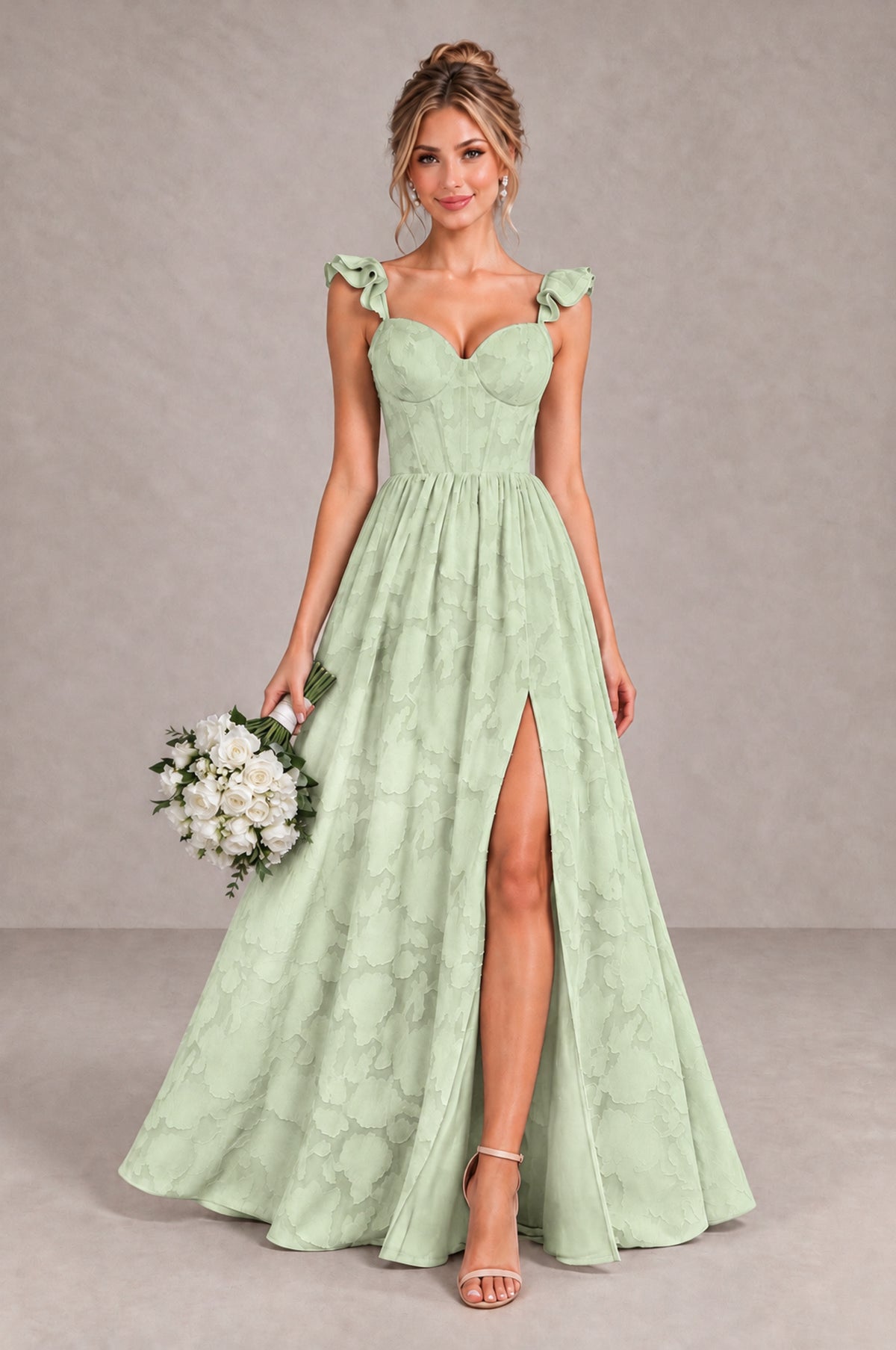BOLODOO Sage Green Floral A-Line Bridesmaid Dress with Slit Ruffle Straps Maxi Gown - Sage Green - Sage Green_1