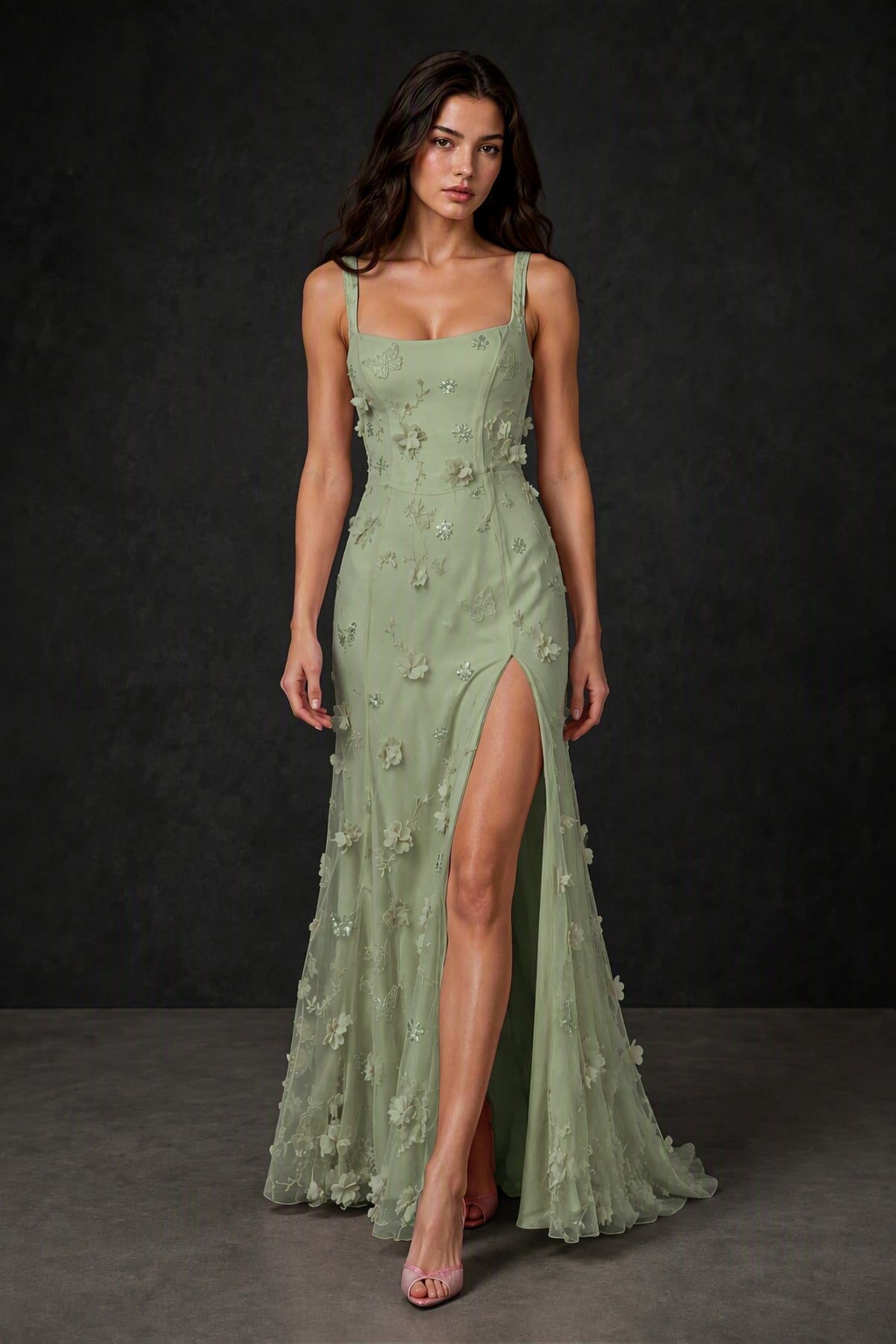 BOLODOO Sage Green 3D Butterfly Floral Tulle Maxi Gown – Lace-Up Back Slit Formal Dress - Sage Green