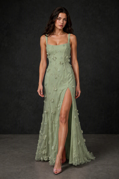 BOLODOO Sage Green 3D Butterfly Floral Tulle Maxi Gown – Lace-Up Back Slit Formal Dress - Sage Green