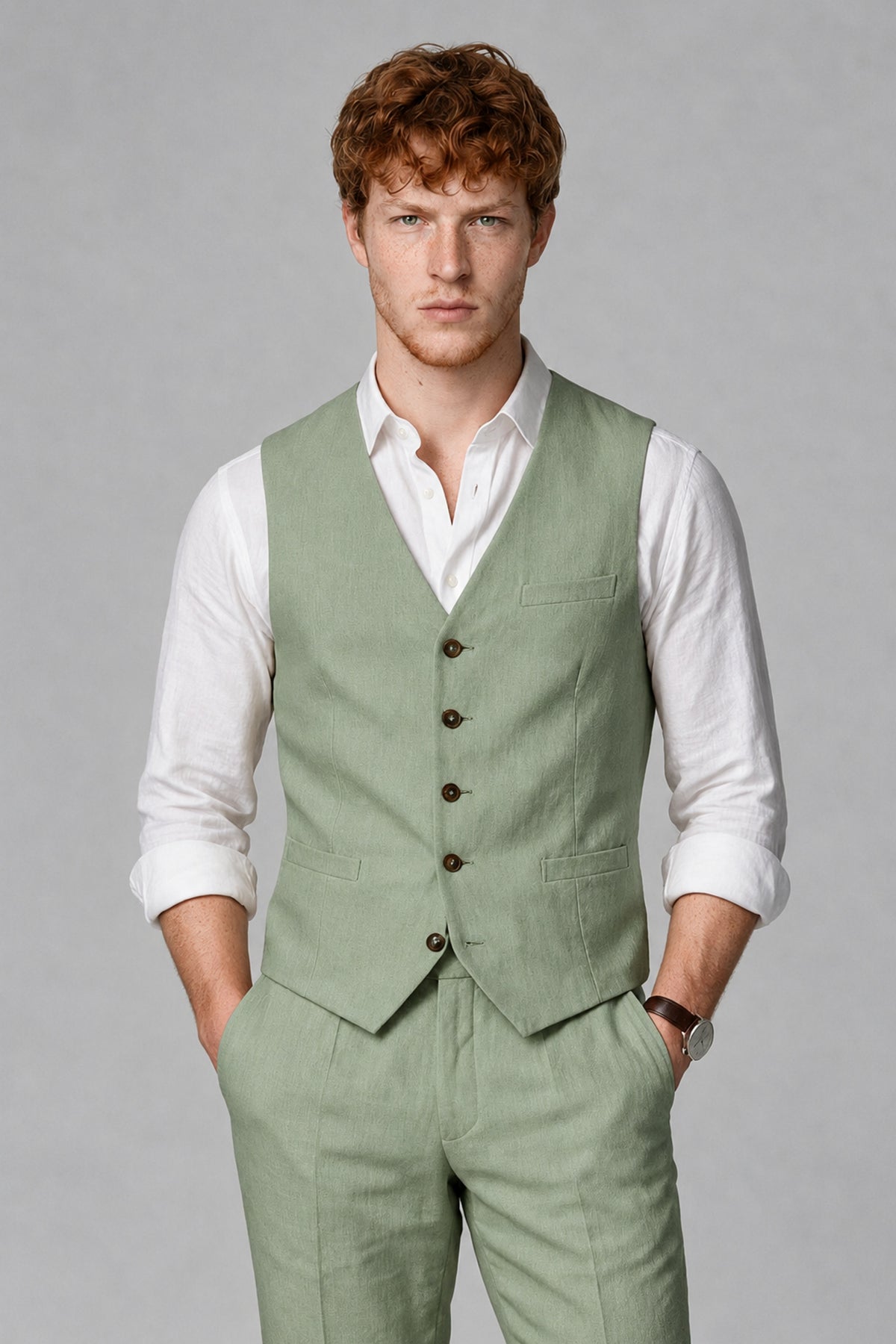 Bolodoo Men's Sage Green 2-Piece Vest and Pants Set with V-Neck Waistcoat - Sage Green - Sage Green_1
