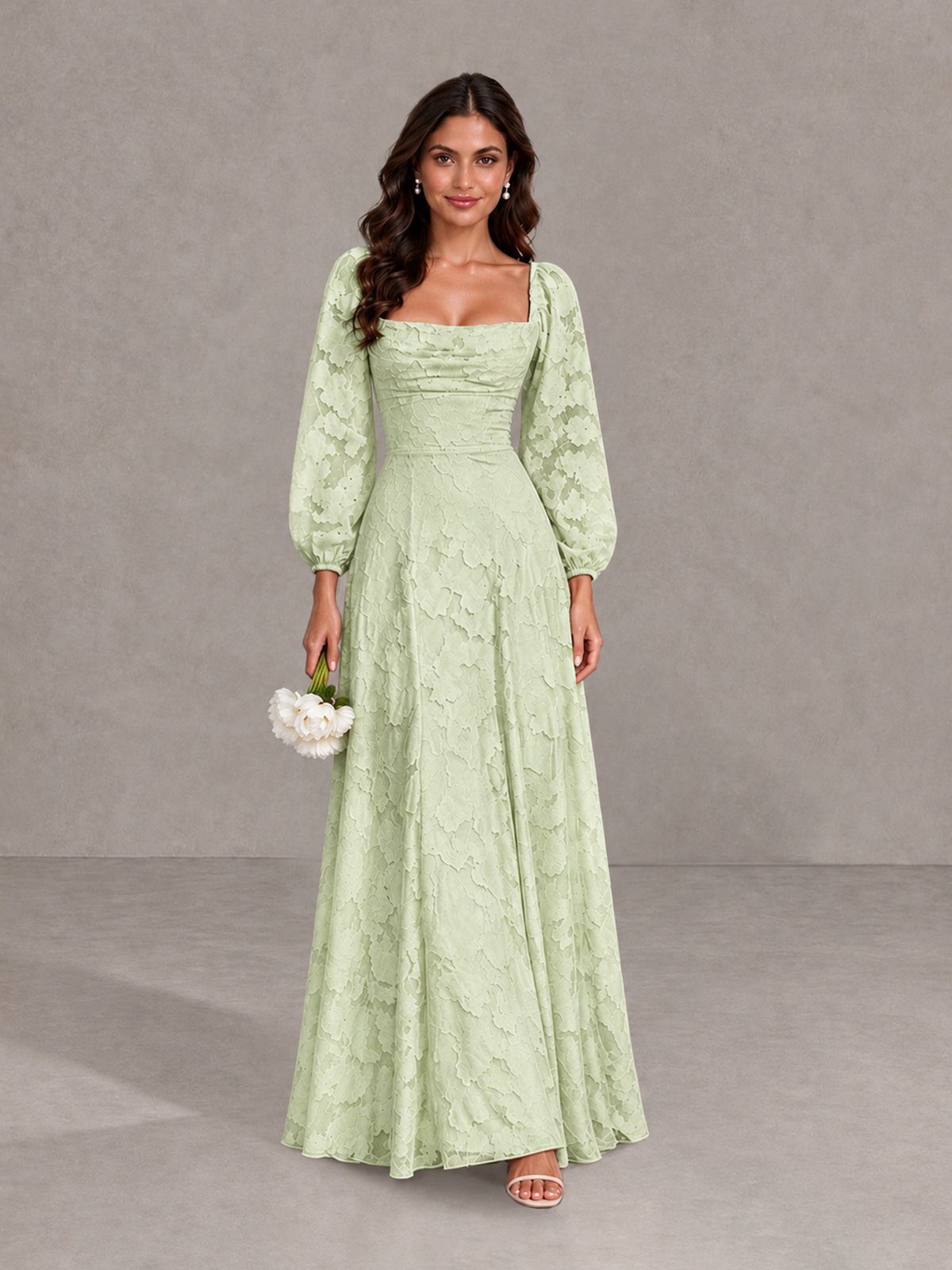BOLODOO Sage Green Floral Long Sleeve A-Line Bridesmaid Dress - Sage Green - Sage Green_1