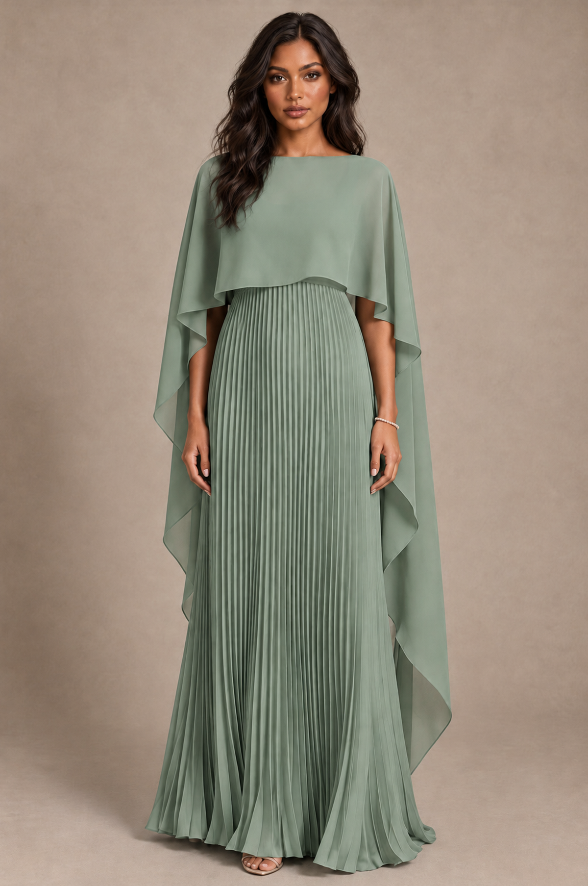 BOLODOO Sage Green Pleated Cape A-Line Evening Dress - Sage Green - Sage_Green_1