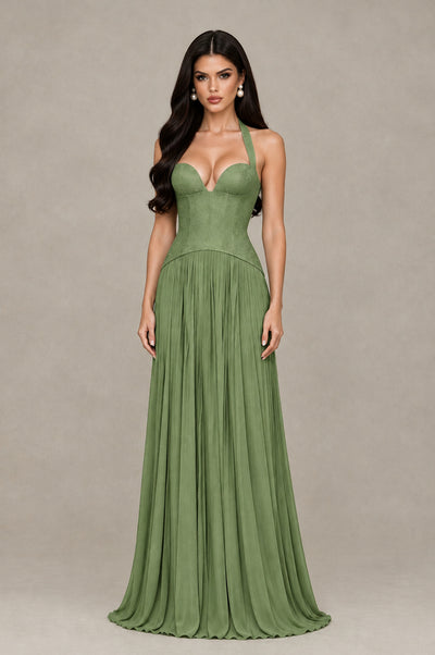 BOLODOO Sage Green Halter Corset Pleated A-Line Evening Dress - Sage Green - Sage Green_1