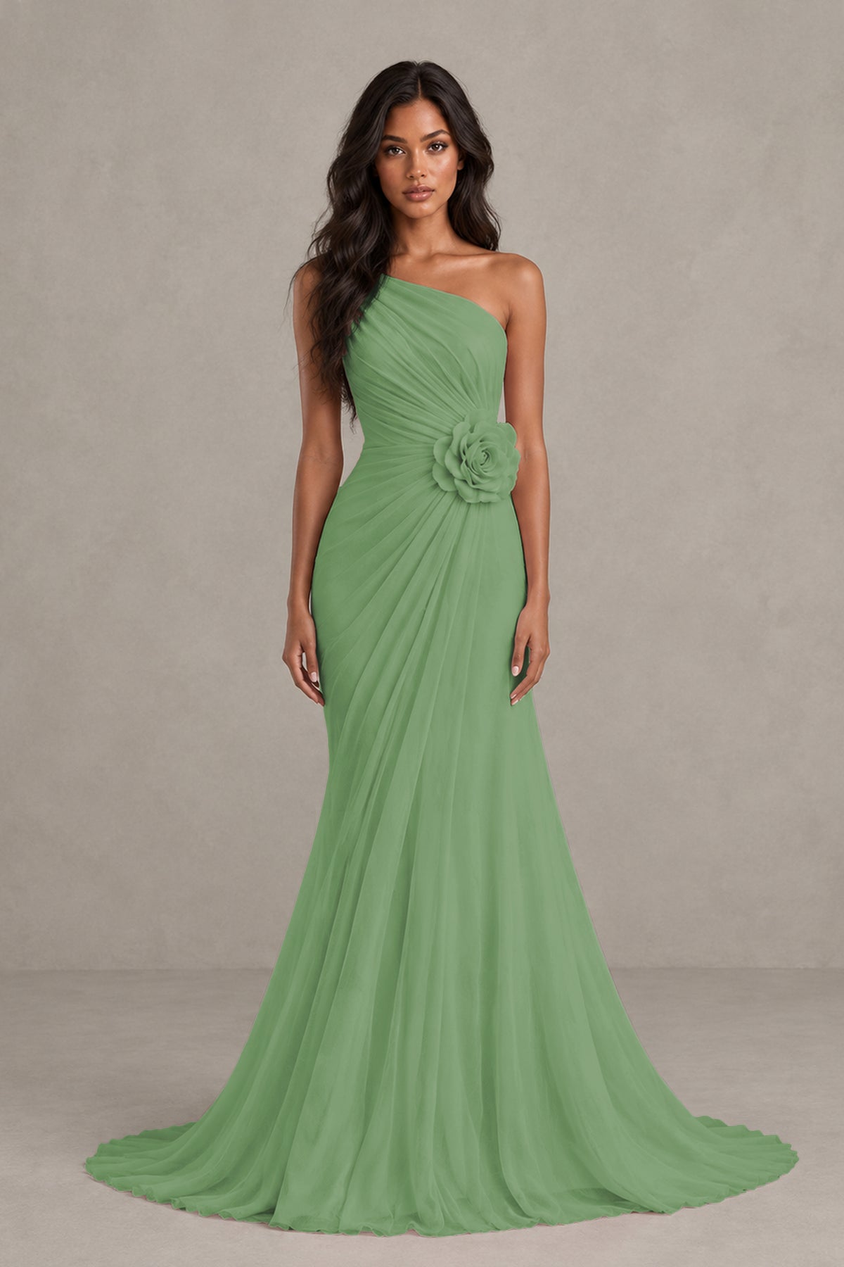 BOLODOO Sage Green One-Shoulder Floral Ruched Maxi Dress - Sage Green