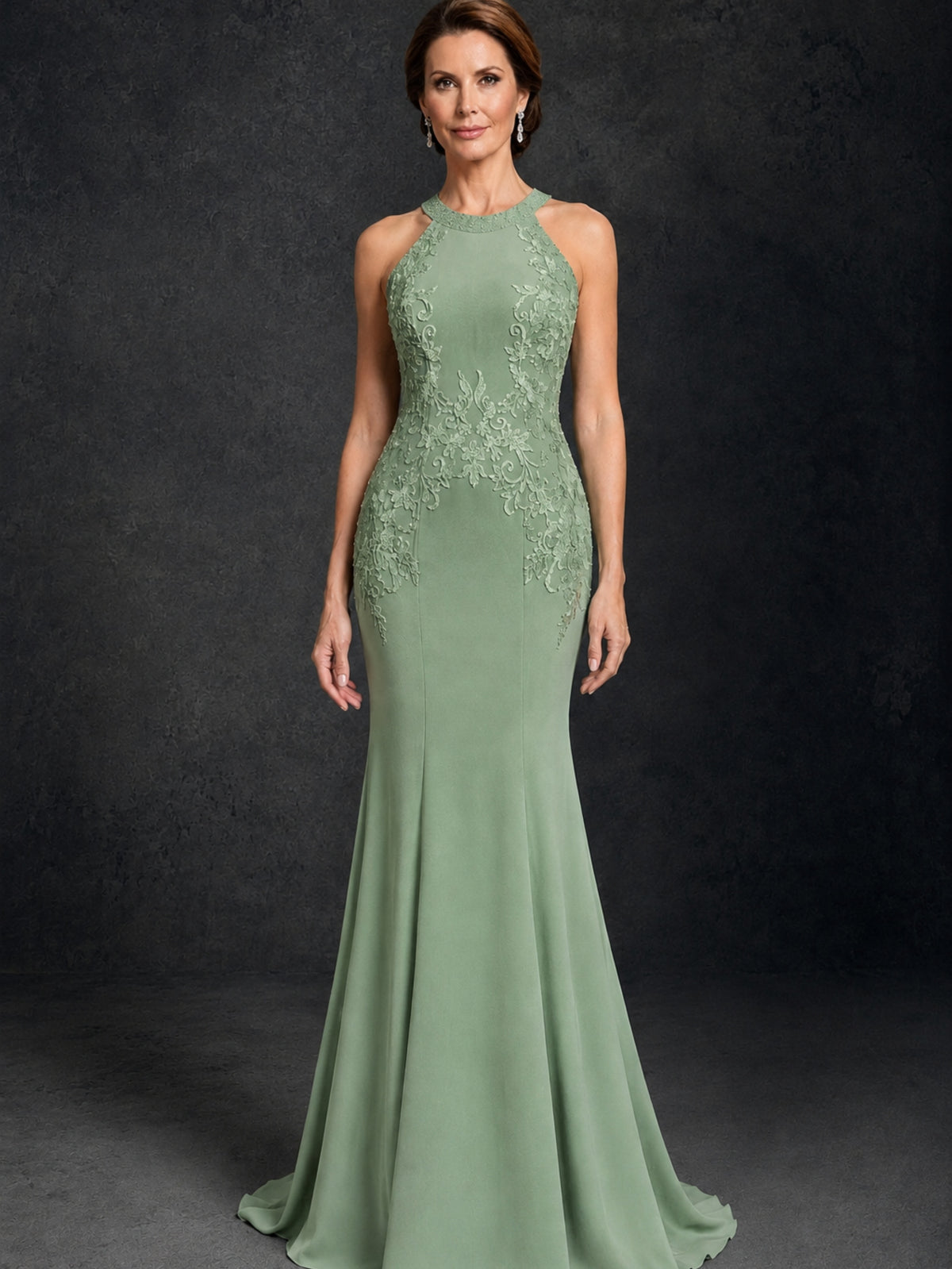 BOLODOO Sage Green Lace Applique Halter Neck Sheer Back Mermaid Maxi Dress with Sweep Train - Sage Green