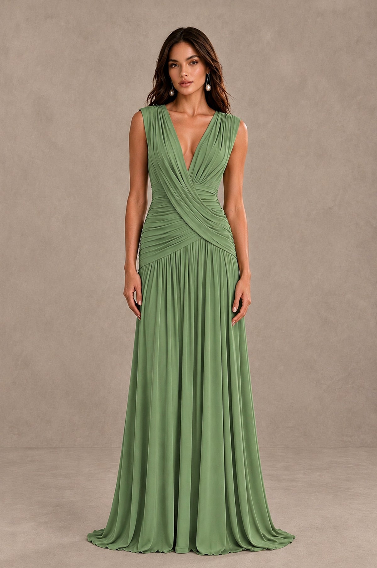 BOLODOO Sage Green V-Neck Ruched Wedding Guest Dress - Sage Green - Sage Green_1
