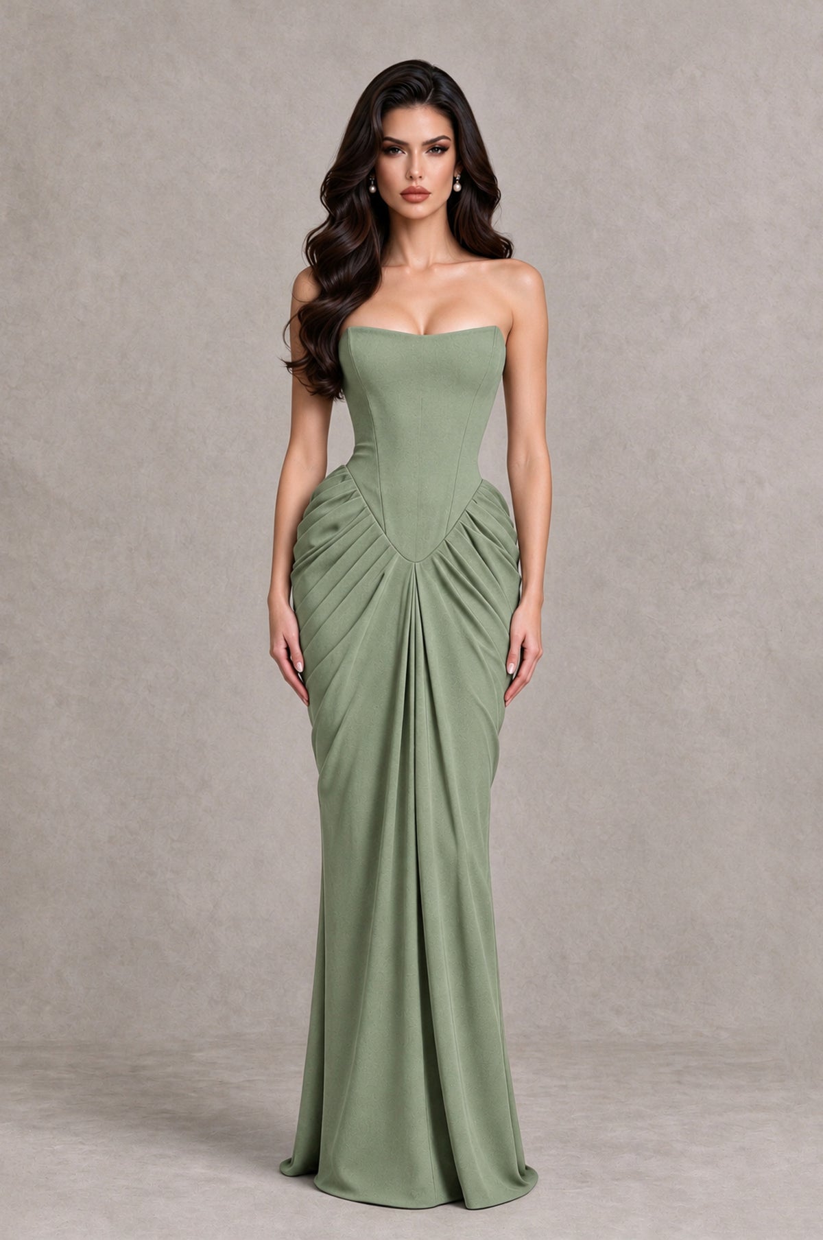 BOLODOO Sage Green Strapless Ruched Corset Evening Gown - Sage Green - Sage Green_1