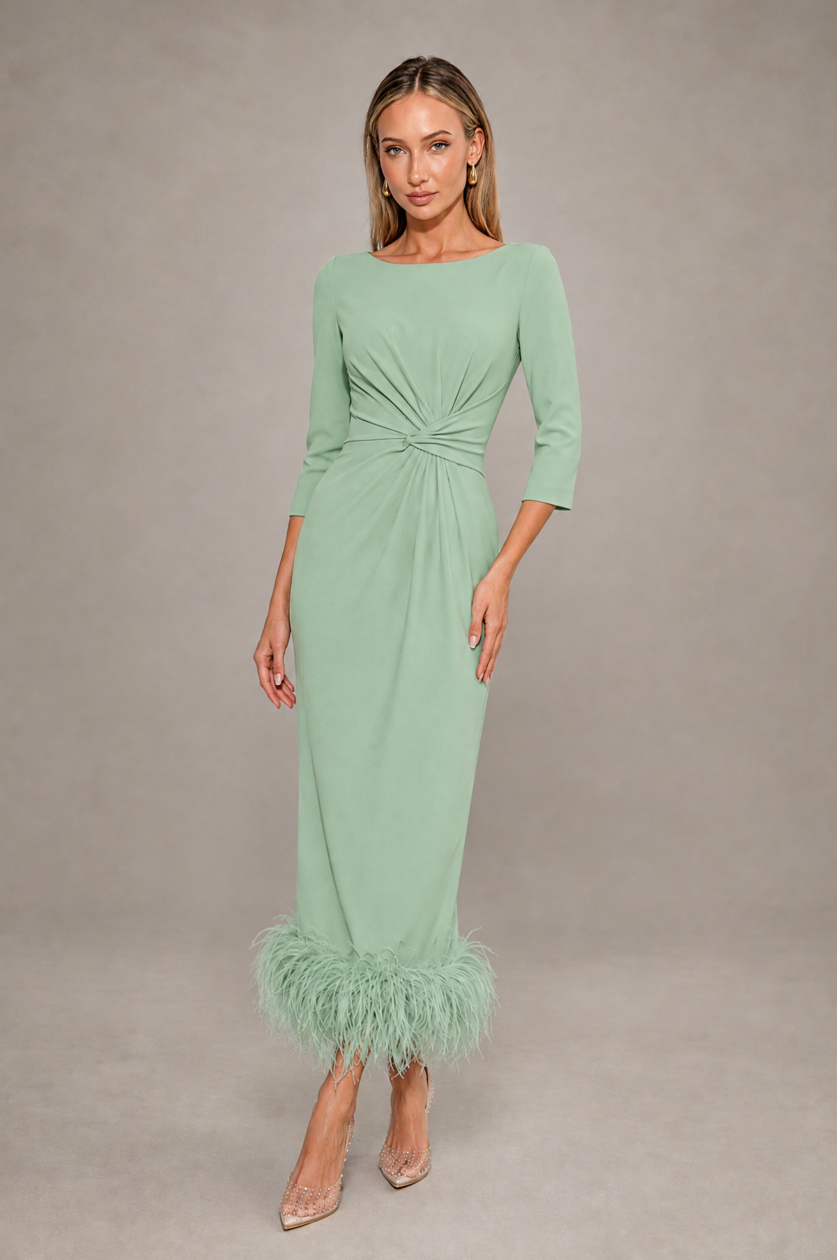 BOLODOO Sage Green Feather-Trim Twist-Waist Midi Dress - Sage Green - Sage_Green_1