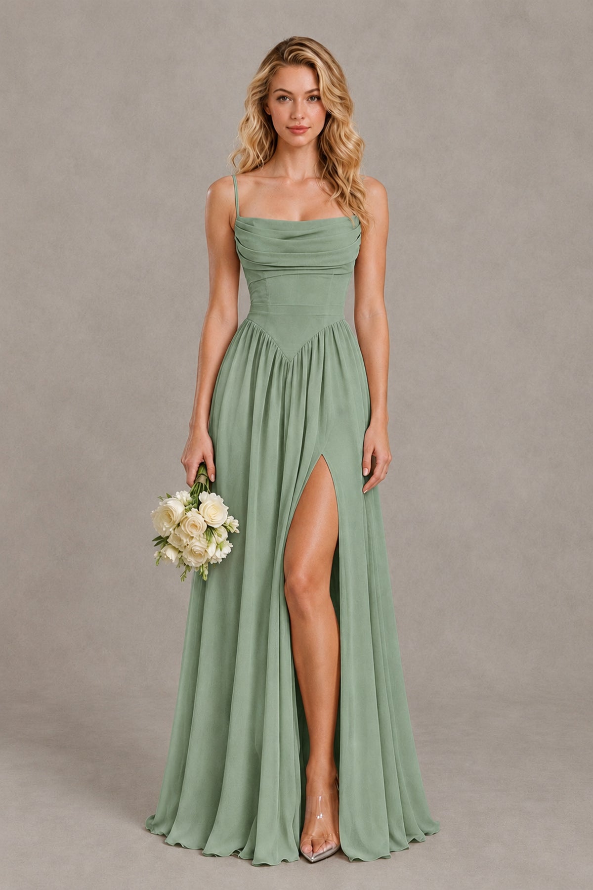 BOLODOO Sage Green Spaghetti Strap A-Line Bridesmaid Dress with Slit - Sage Green - Sage Green_1