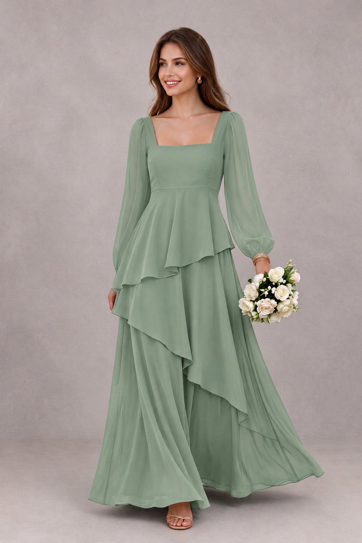 BOLODOO Sage Green Long Sleeve Ruffle Bridesmaid Dresses - Sage Green - Sage Green_1