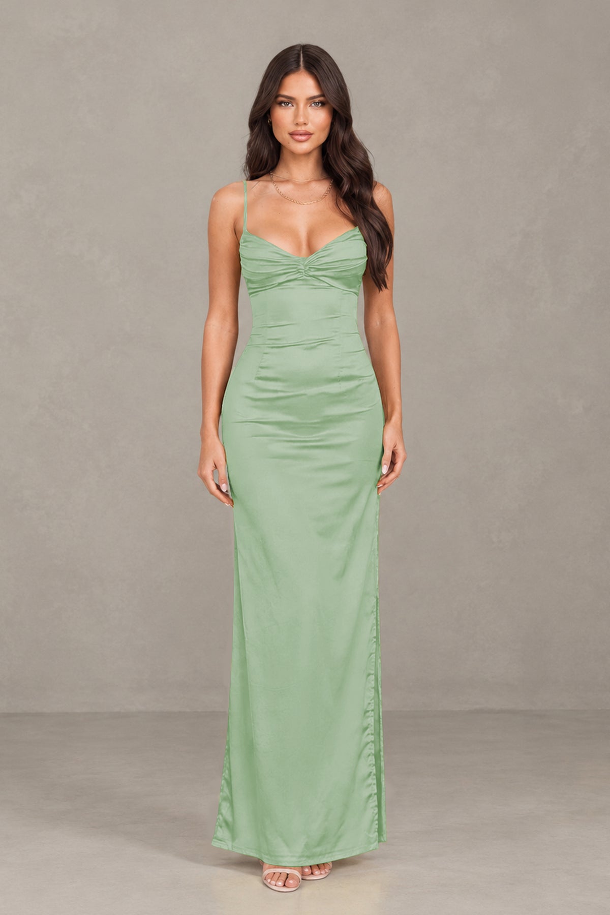 BOLODOO Sage Green Satin Cowl Neck Open Back Mermaid Maxi Dress with Side Slit - Sage Green