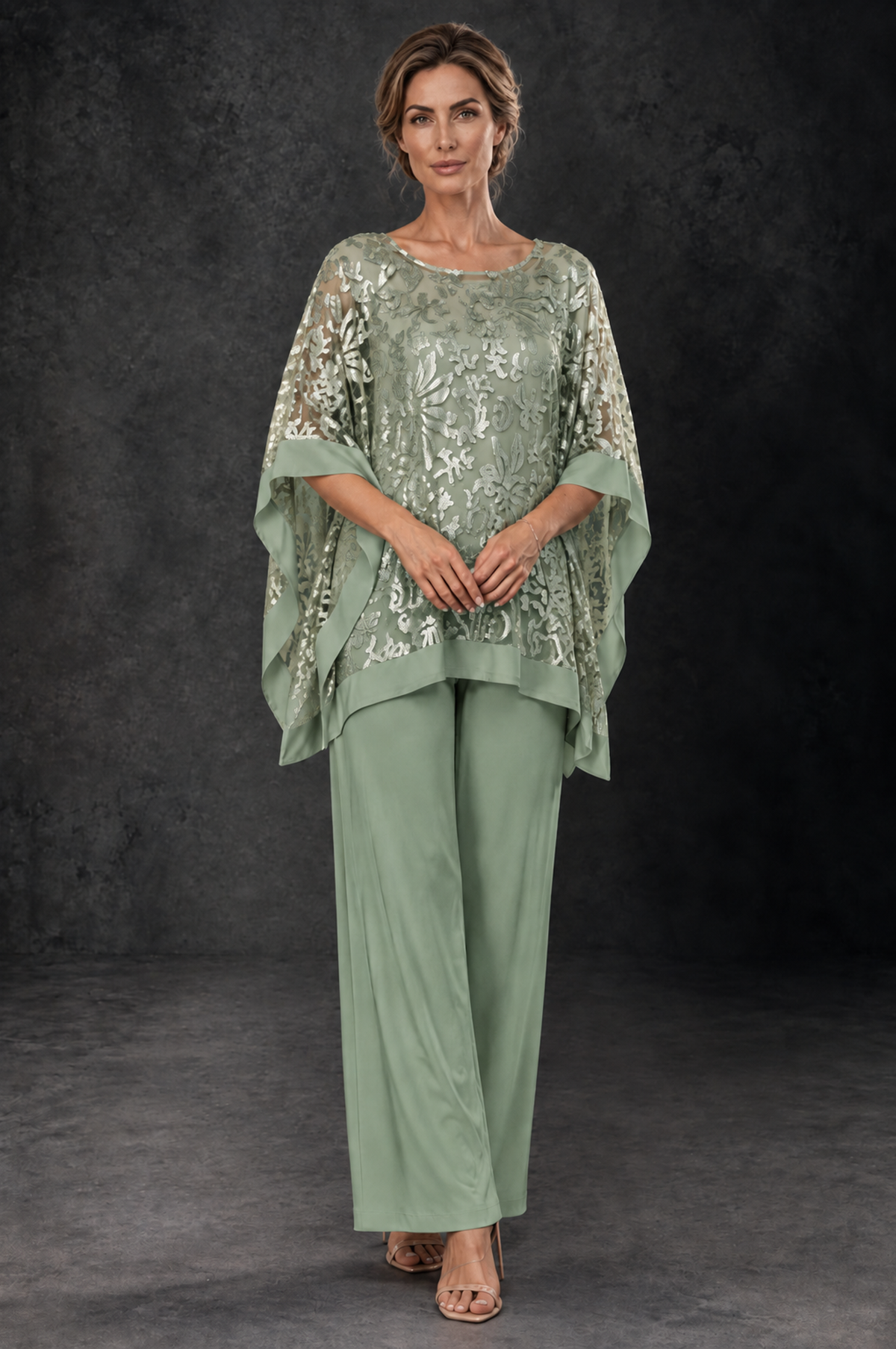 BOLODOO Sage Green Floral Cape Mother of the Bride Pant Suit - Sage Green - Sage_Green_1