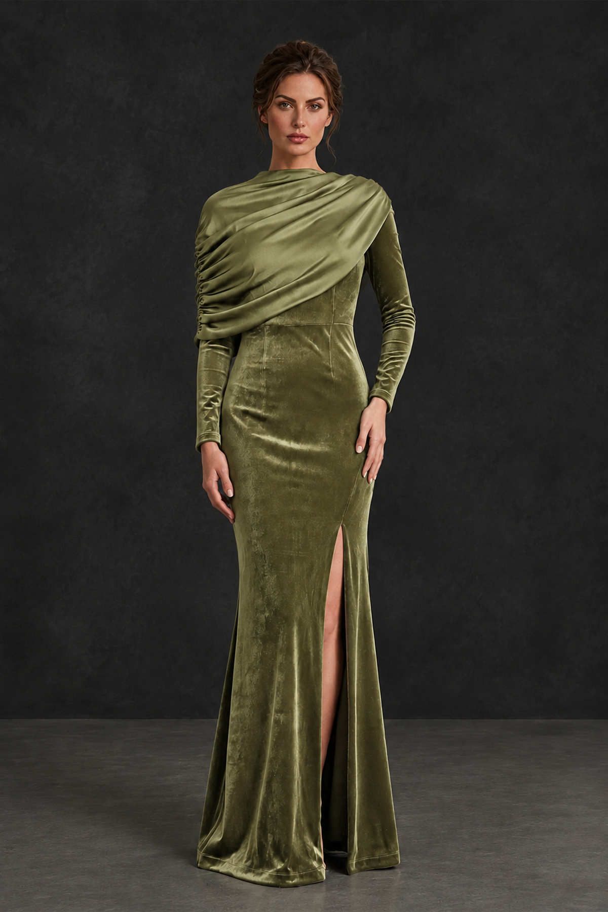 BOLODOO Sage Green Velvet Long Sleeve Draped Mother of the Bride Dress - Sage Green - Sage_Green_1