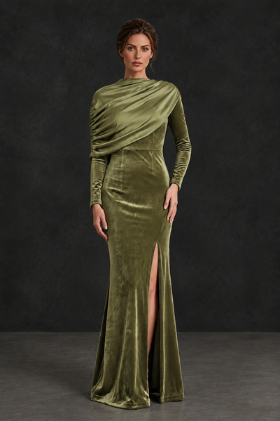 BOLODOO Sage Green Velvet Long Sleeve Draped Mother of the Bride Dress - Sage Green - Sage_Green_1