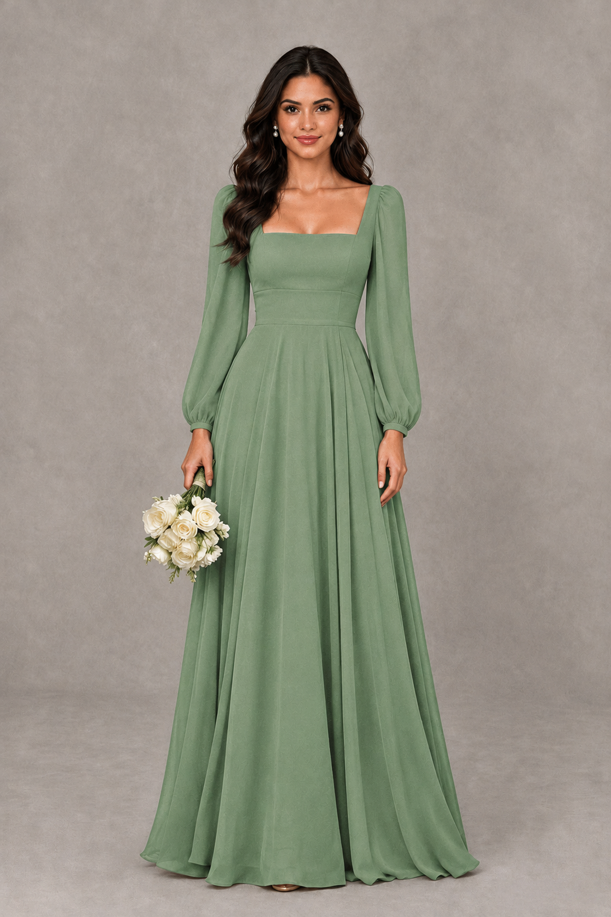 BOLODOO Sage Green Square Neck Long Sleeve A-Line Bridesmaid Dress - Sage Green - Sage Green_1