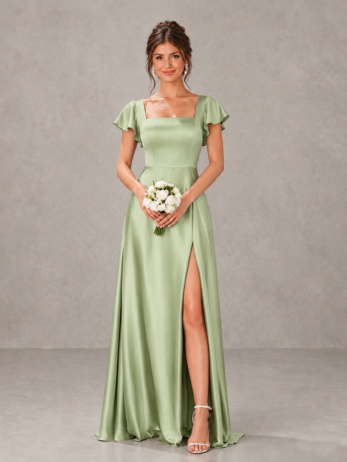 BOLODOO Sage Green Satin Square Neck Flutter Sleeve A-Line Bridesmaid Dress with Slit - Sage Green - Sage Green_1