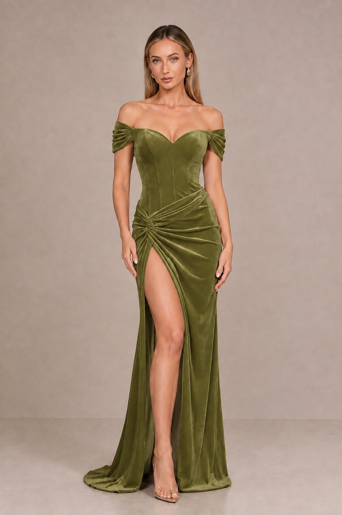 BOLODOO Sage Green Velvet Off-Shoulder Ruched High Slit Evening Dress - Sage Green - Sage_Green_1