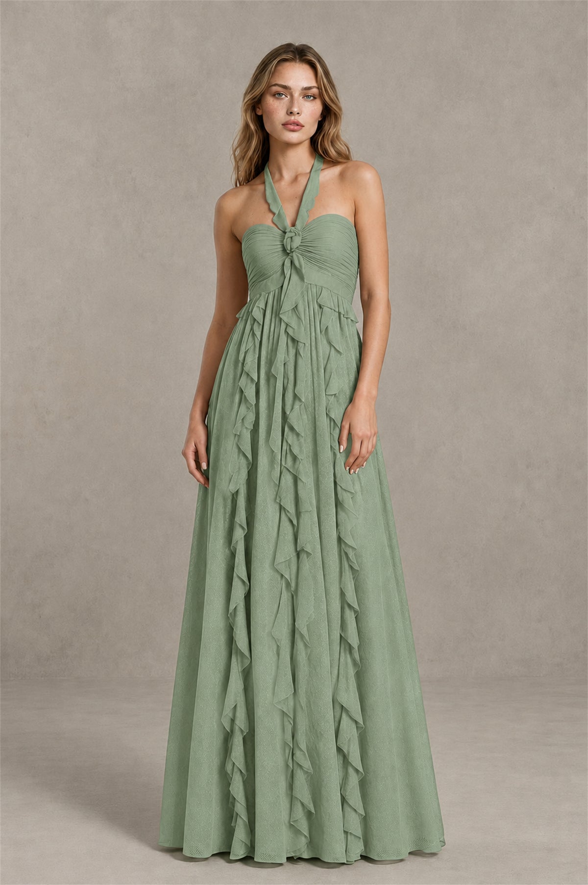 BOLODOO Sage Green Halter Ruffle A-Line Floor-Length Evening Dress - Sage Green - Sage_Green_1