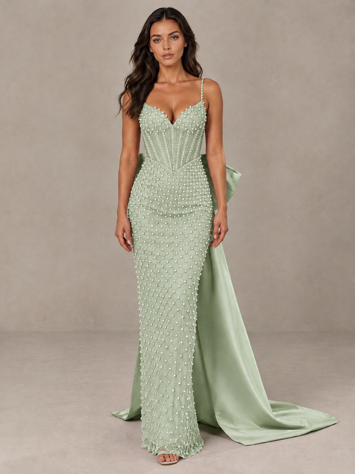 BOLODOO Sage Green Beaded Corset Prom Dress with Bow Train - Sage Green - Sage_Green_1