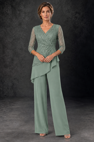 BOLODOO Sage Green Sequin Lace 3/4 Sleeve Chiffon Mother of the Bride Pant Suit - Sage Green - Sage_Green_1