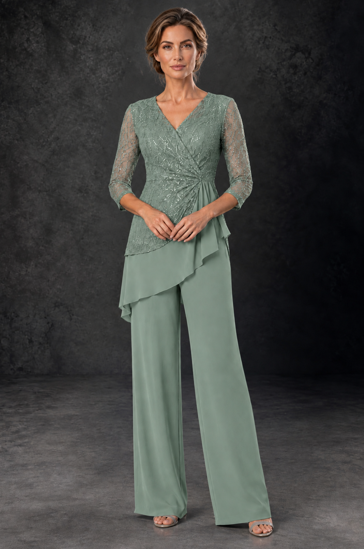 BOLODOO Sage Green Sequin Lace 3/4 Sleeve Chiffon Mother of the Bride Pant Suit - Sage Green - Sage_Green_1