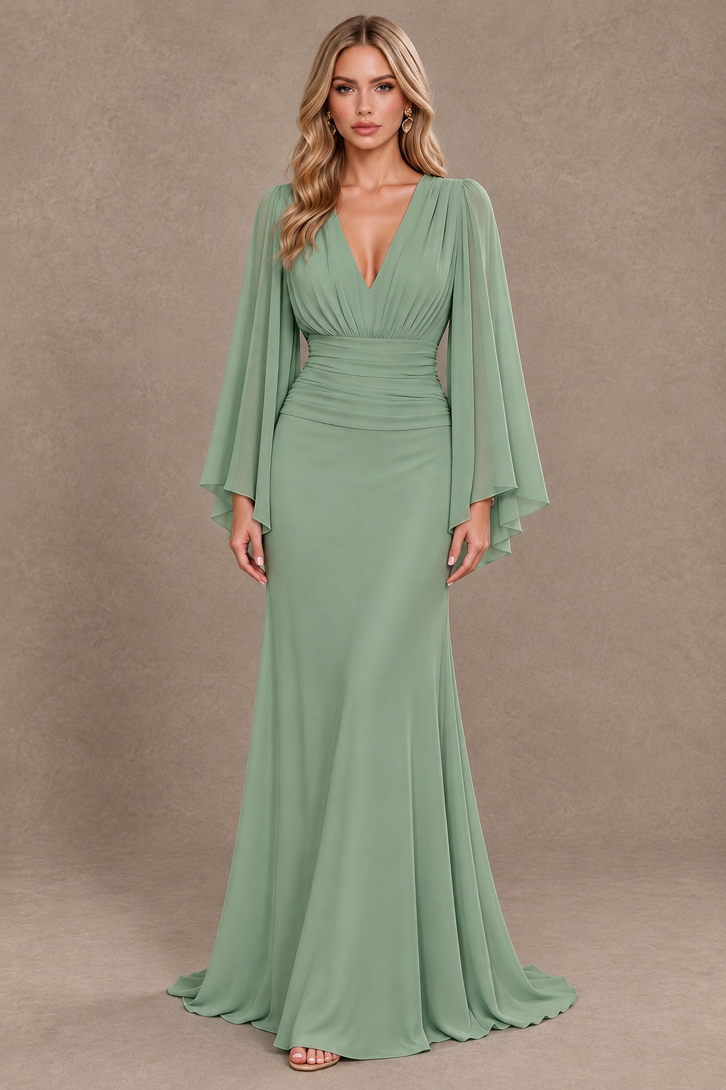 BOLODOO Sage Green Cape Sleeve V-Neck Ruched Chiffon Evening Dress - Sage Green - Sage Green_1