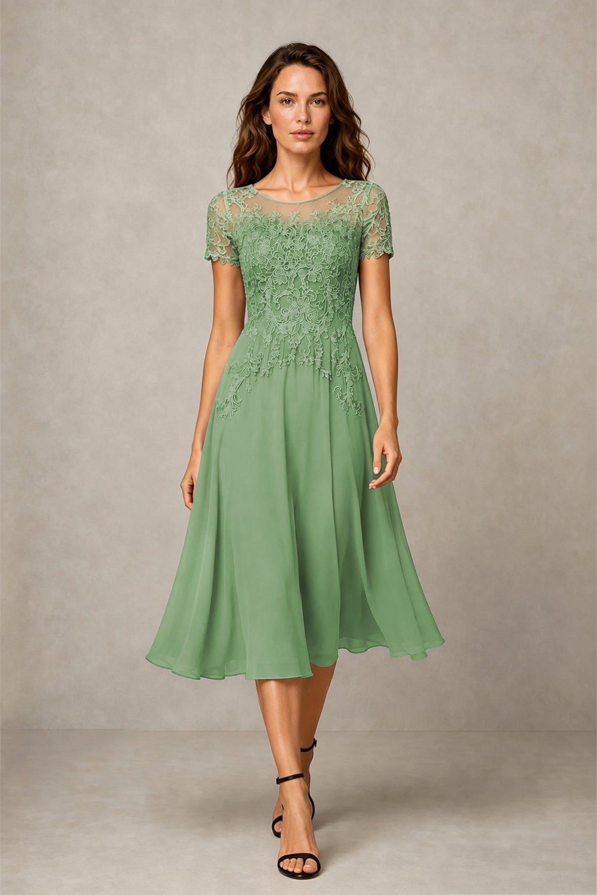 BOLODOO Steel Sage Green Beaded Lace Illusion Bodice Chiffon Tea-Length Dress | Mother of the Bride & Cocktail Party - Sage Green