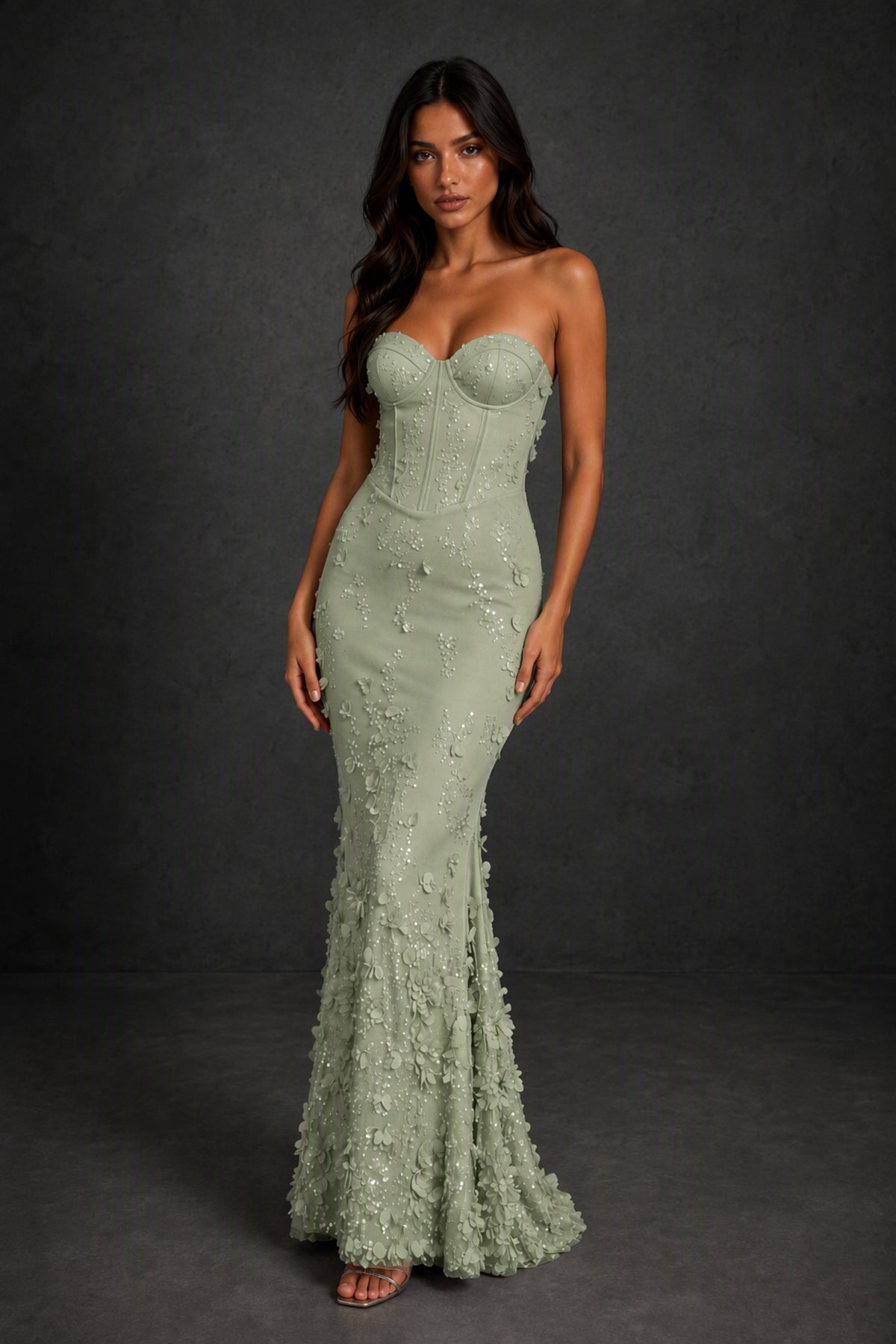 BOLODOO Sage Green 3D Floral Sequin Corset Strapless Mermaid Gown - Sage Green