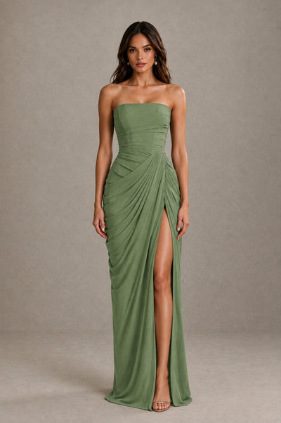 BOLODOO Strapless Draped Maxi Dress - Sage Green Backless Evening Gown with High Slit - Sage Green - Sage Green_1