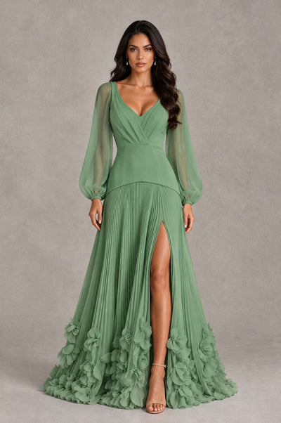 BOLODOO Sage Green V-Neck Long Sleeve Pleated Floral Hem Evening Dress - Sage Green - Sage Green_1