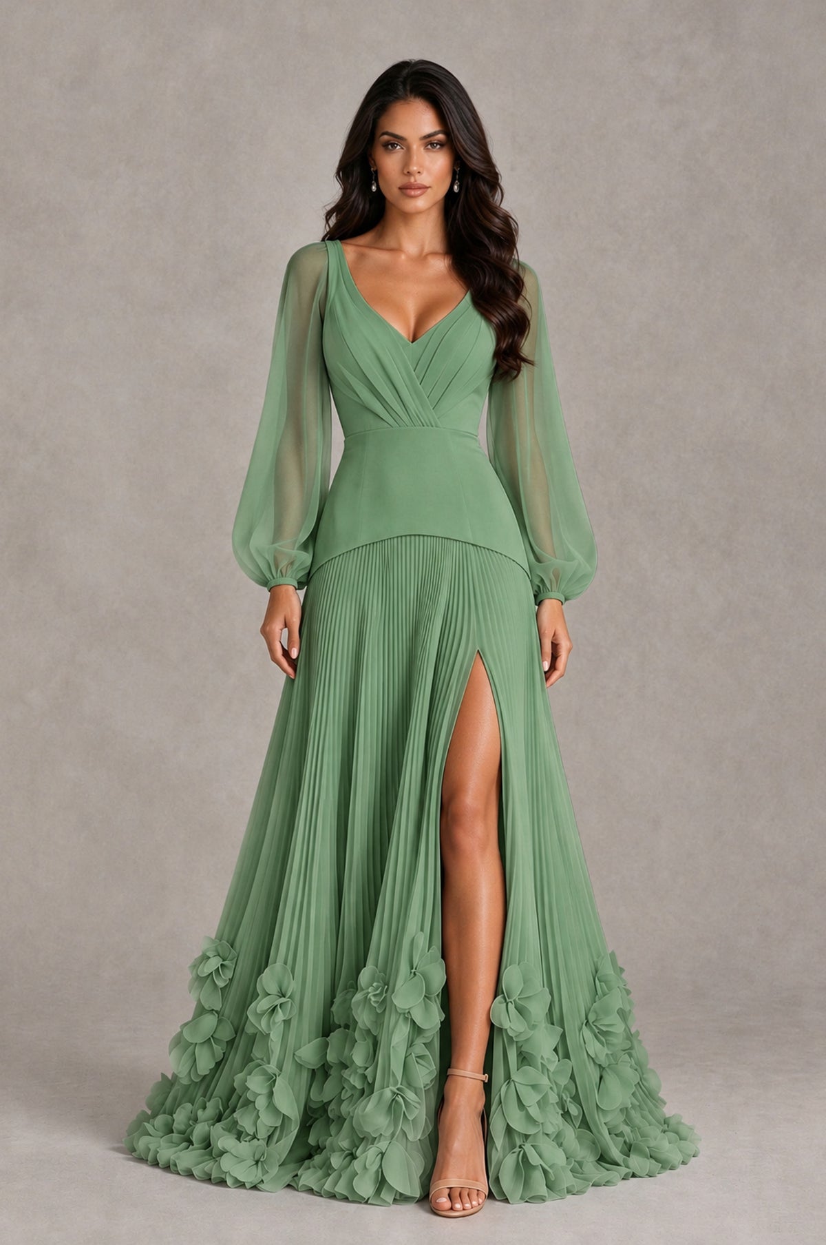 BOLODOO Sage Green V-Neck Long Sleeve Pleated Floral Hem Evening Dress - Sage Green - Sage Green_1