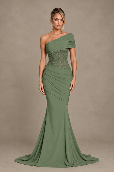 BOLODOO Sage Green One-Shoulder Sequin Embroidered Ruched Mermaid Gown with Train - Sage Green - Sage Green_1