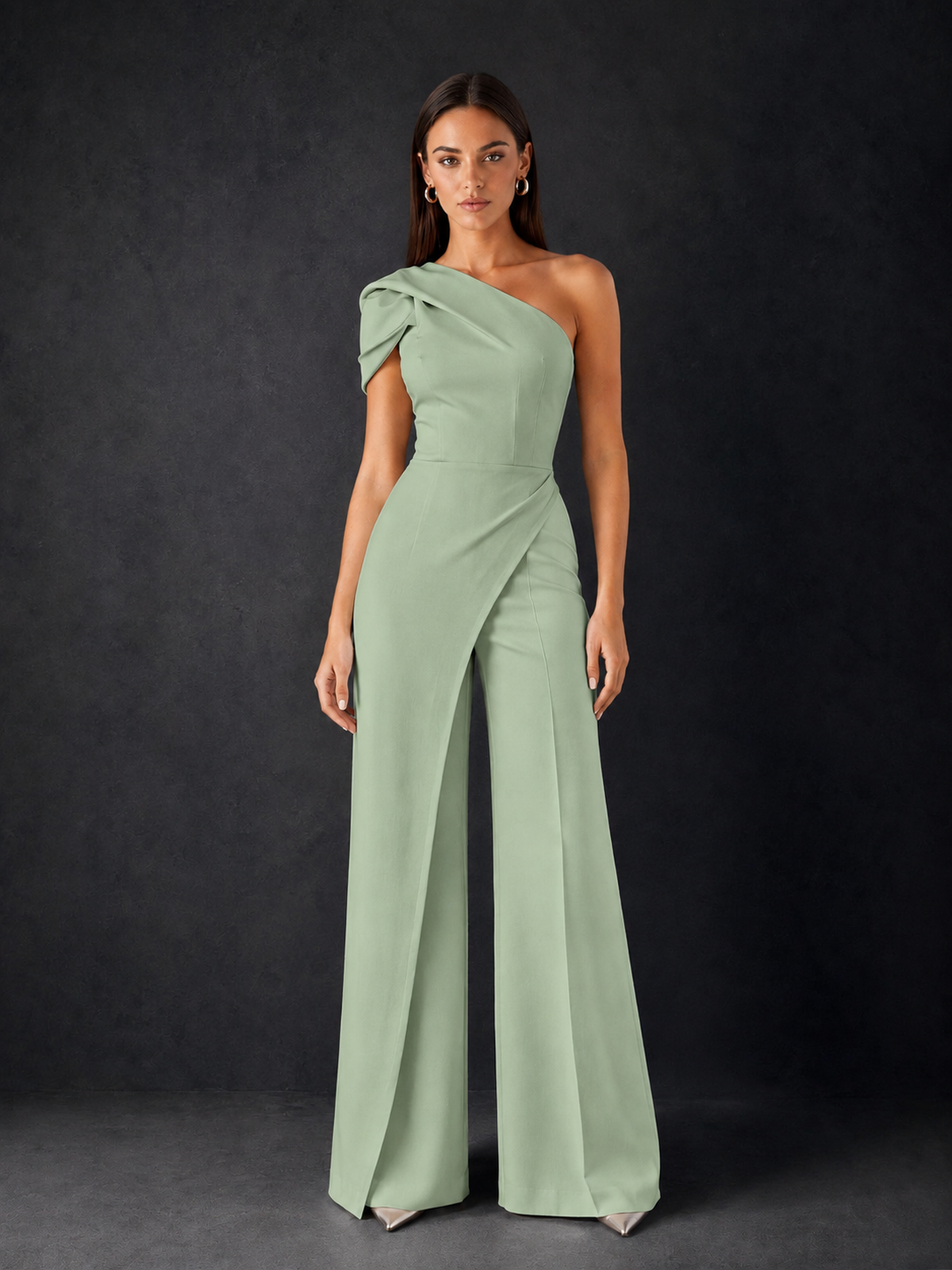 BOLODOO Sage Green One-Shoulder Puff Sleeve Wide-Leg Jumpsuit with Front Slit and Open Back - Sage Green