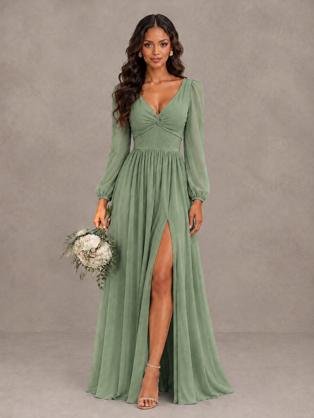 BOLODOO Sage Green V-Neck Long Sleeve Bridesmaid Dress with Tie Back and Slit - Sage Green - Sage Green_1